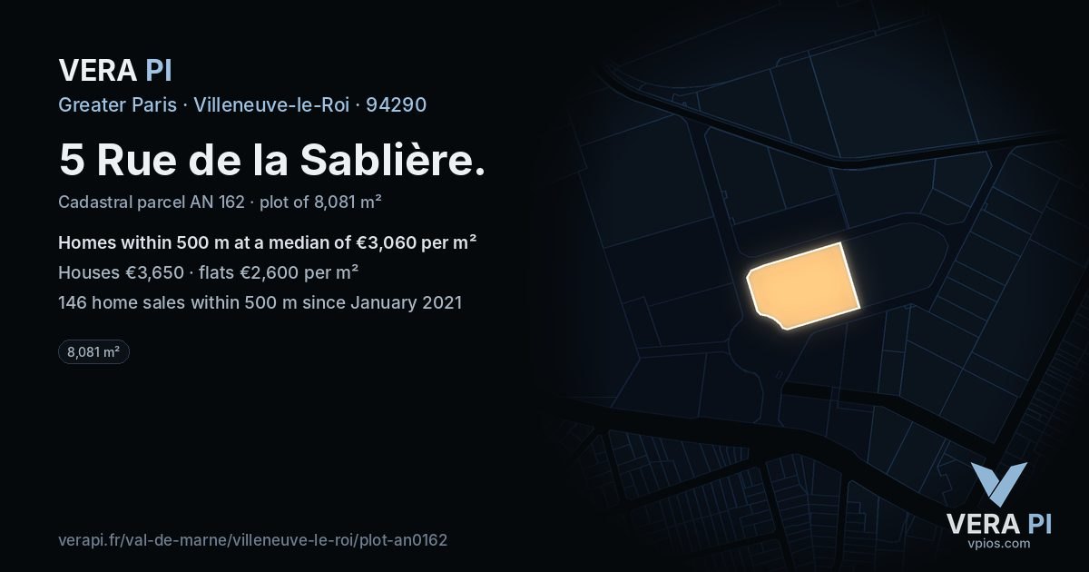 5 Rue de la Sablière, Villeneuve-le-Roi at night – the plot lit, the parcels around coloured by the prices near them