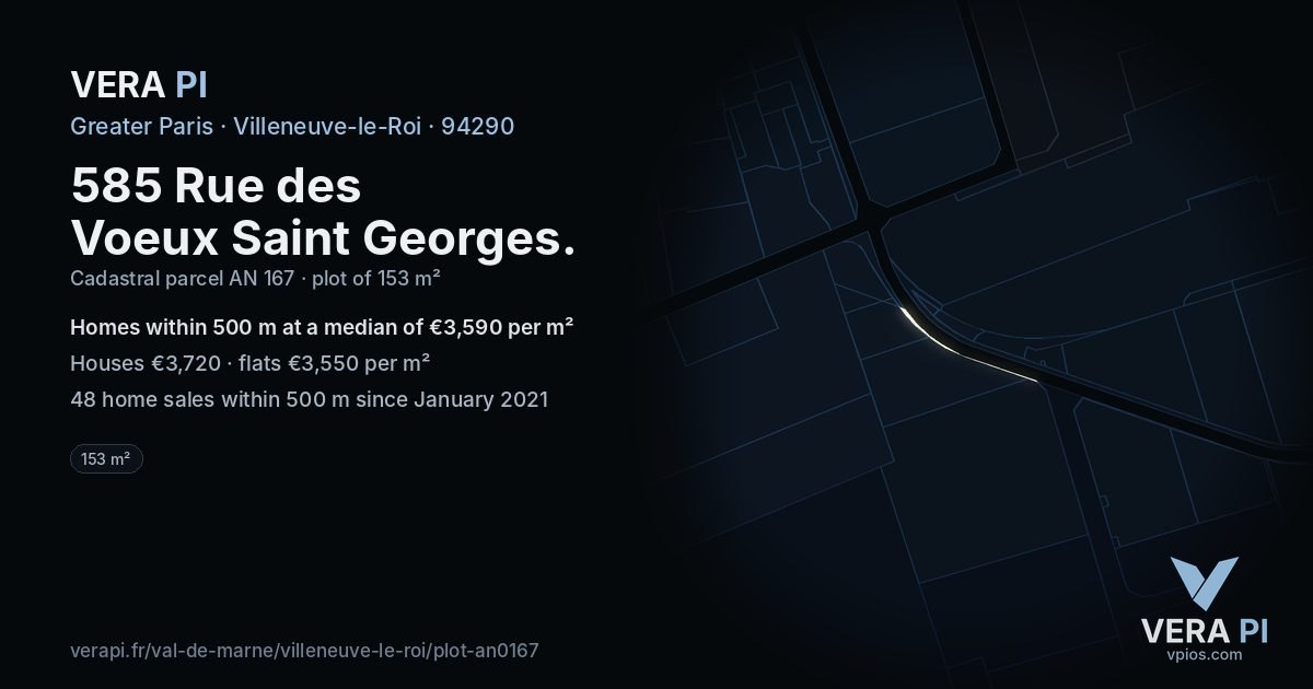 585 Rue des Voeux Saint Georges, Villeneuve-le-Roi at night – the plot lit, the parcels around coloured by the prices near them