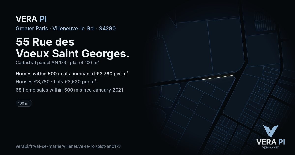 55 Rue des Voeux Saint Georges, Villeneuve-le-Roi at night – the plot lit, the parcels around coloured by the prices near them