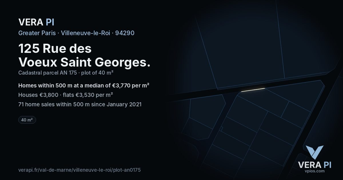 125 Rue des Voeux Saint Georges, Villeneuve-le-Roi at night – the plot lit, the parcels around coloured by the prices near them