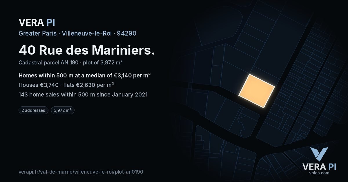 40 Rue des Mariniers, Villeneuve-le-Roi at night – the plot lit, the parcels around coloured by the prices near them