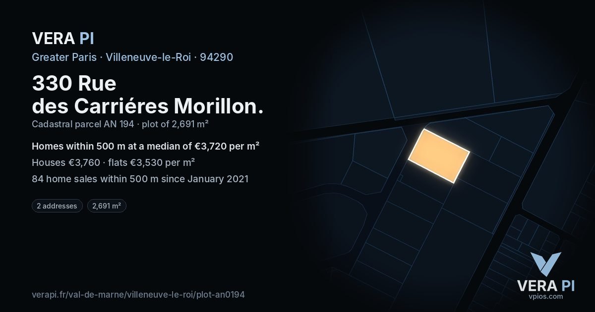 330 Rue des Carriéres Morillon, Villeneuve-le-Roi at night – the plot lit, the parcels around coloured by the prices near them