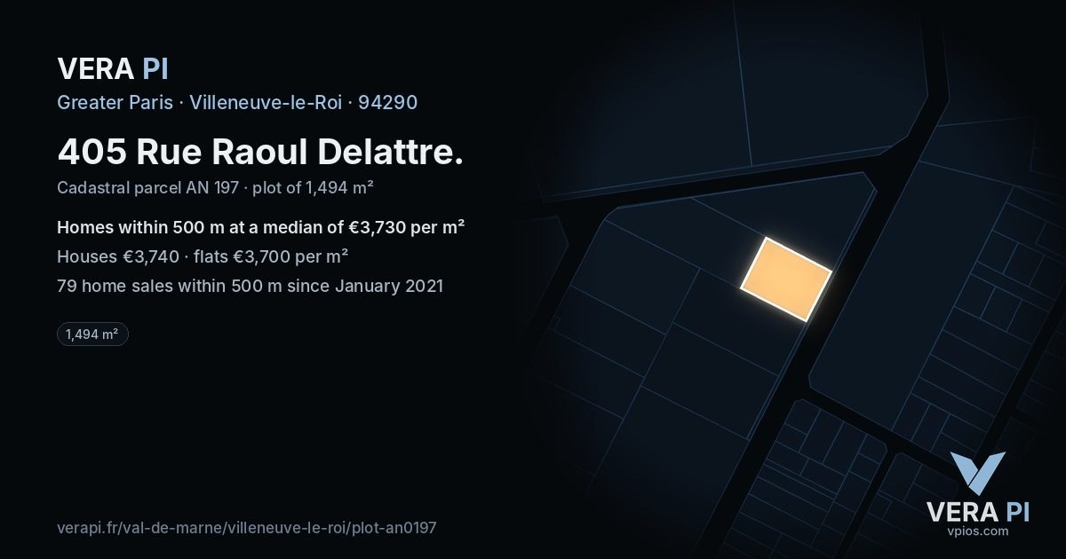 405 Rue Raoul Delattre, Villeneuve-le-Roi at night – the plot lit, the parcels around coloured by the prices near them