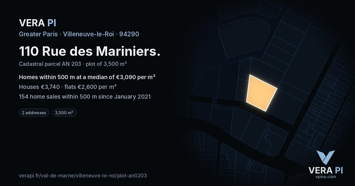 110 Rue des Mariniers, Villeneuve-le-Roi at night – the plot lit, the parcels around coloured by the prices near them