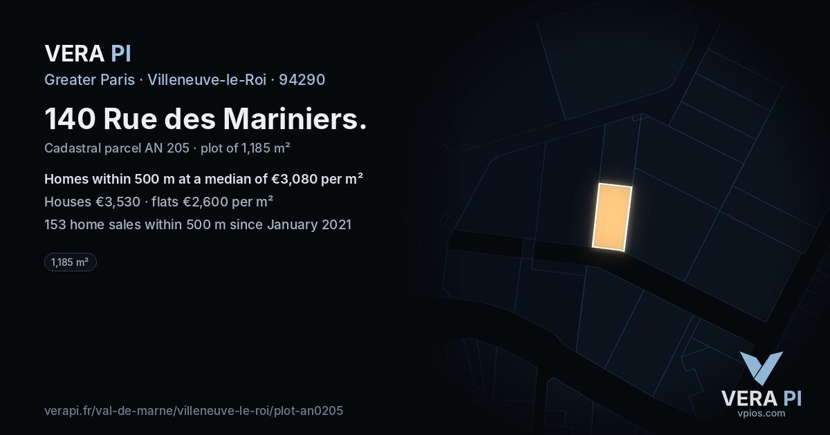 140 Rue des Mariniers, Villeneuve-le-Roi at night – the plot lit, the parcels around coloured by the prices near them