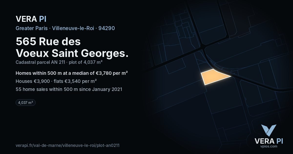 565 Rue des Voeux Saint Georges, Villeneuve-le-Roi at night – the plot lit, the parcels around coloured by the prices near them