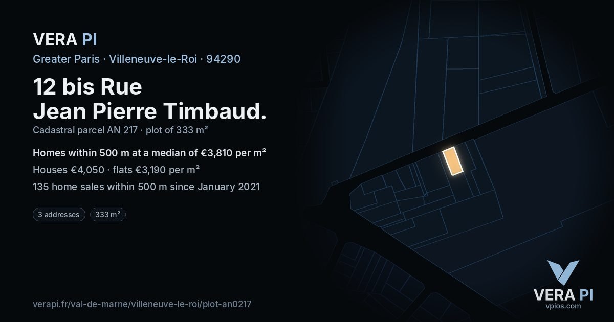 12 bis Rue Jean Pierre Timbaud, Villeneuve-le-Roi at night – the plot lit, the parcels around coloured by the prices near them