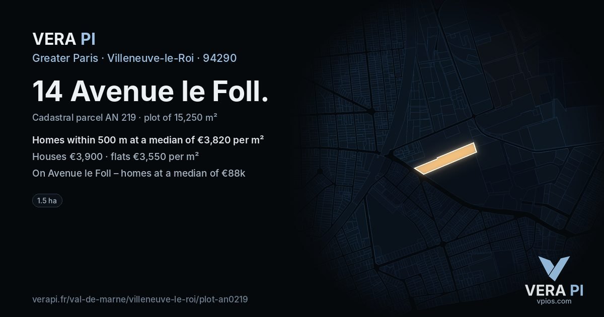 14 Avenue le Foll, Villeneuve-le-Roi at night – the plot lit, the parcels around coloured by the prices near them