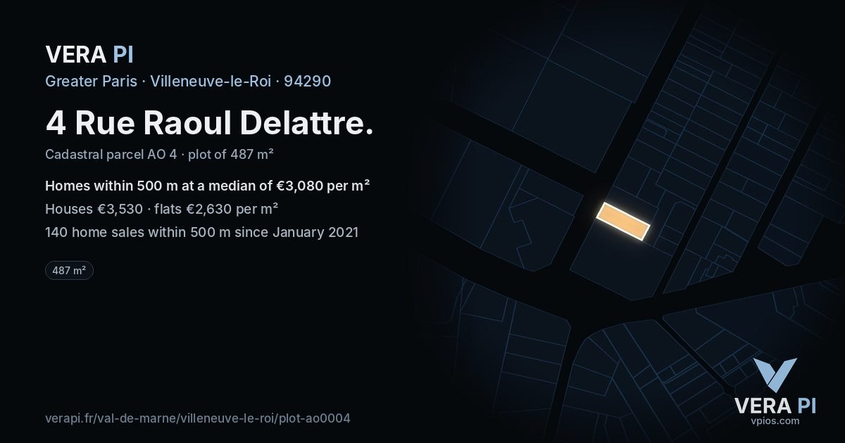 4 Rue Raoul Delattre, Villeneuve-le-Roi at night – the plot lit, the parcels around coloured by the prices near them