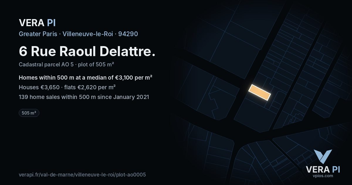 6 Rue Raoul Delattre, Villeneuve-le-Roi at night – the plot lit, the parcels around coloured by the prices near them