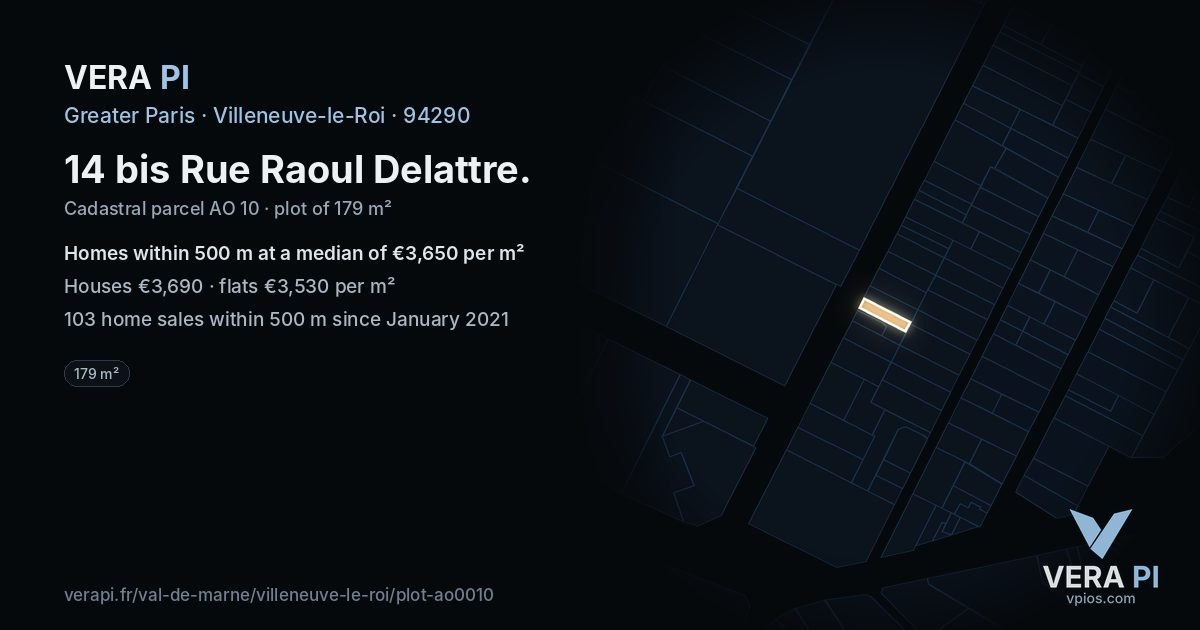 14 bis Rue Raoul Delattre, Villeneuve-le-Roi at night – the plot lit, the parcels around coloured by the prices near them