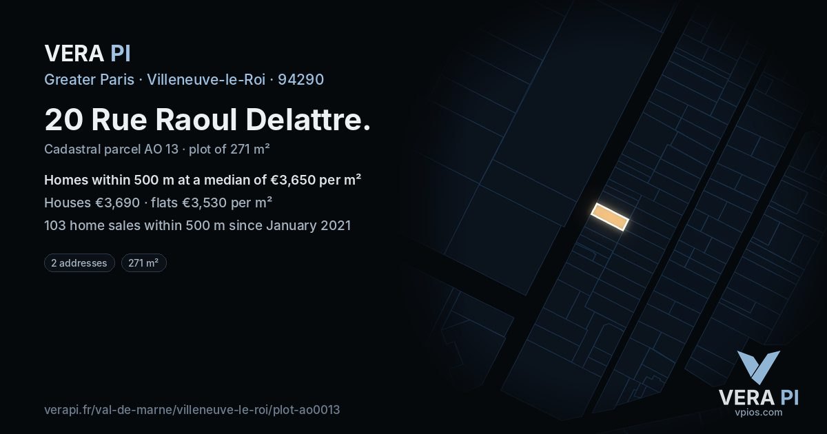 20 Rue Raoul Delattre, Villeneuve-le-Roi at night – the plot lit, the parcels around coloured by the prices near them