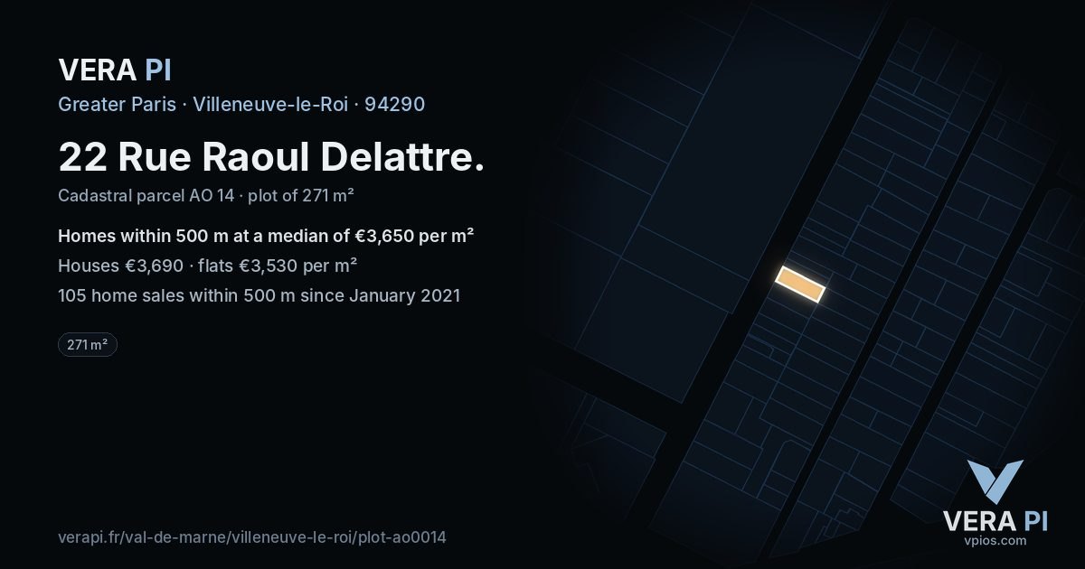22 Rue Raoul Delattre, Villeneuve-le-Roi at night – the plot lit, the parcels around coloured by the prices near them