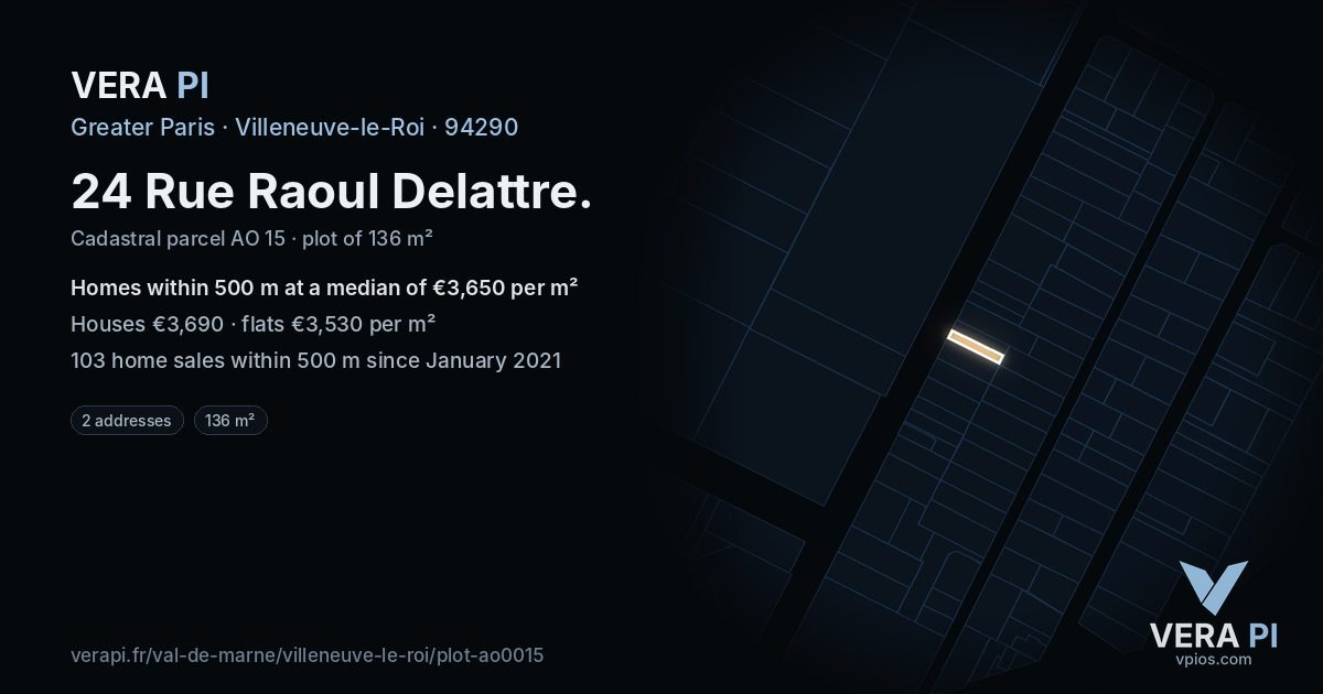 24 Rue Raoul Delattre, Villeneuve-le-Roi at night – the plot lit, the parcels around coloured by the prices near them