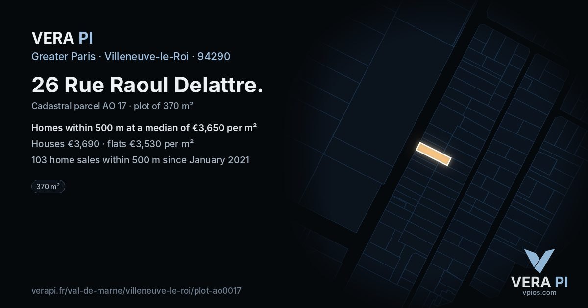 26 Rue Raoul Delattre, Villeneuve-le-Roi at night – the plot lit, the parcels around coloured by the prices near them