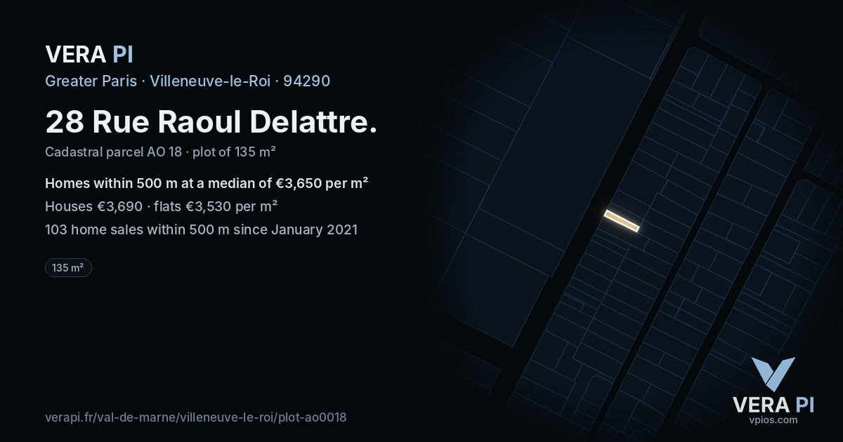 28 Rue Raoul Delattre, Villeneuve-le-Roi at night – the plot lit, the parcels around coloured by the prices near them