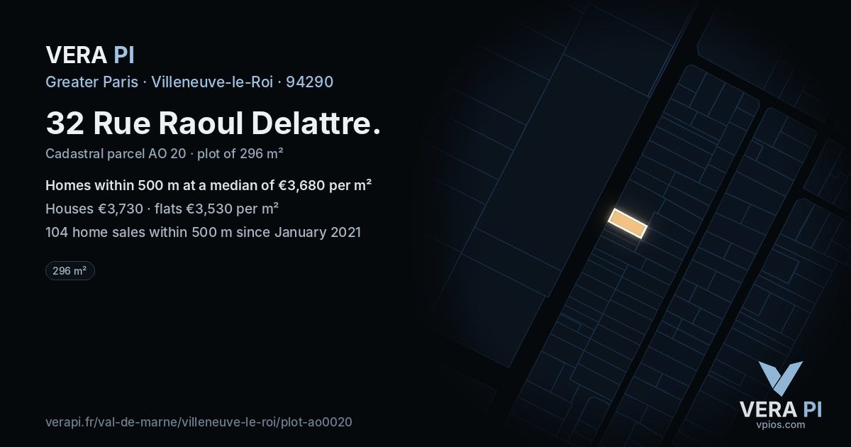 32 Rue Raoul Delattre, Villeneuve-le-Roi at night – the plot lit, the parcels around coloured by the prices near them