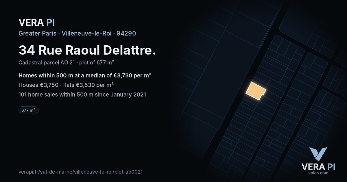 34 Rue Raoul Delattre, Villeneuve-le-Roi at night – the plot lit, the parcels around coloured by the prices near them