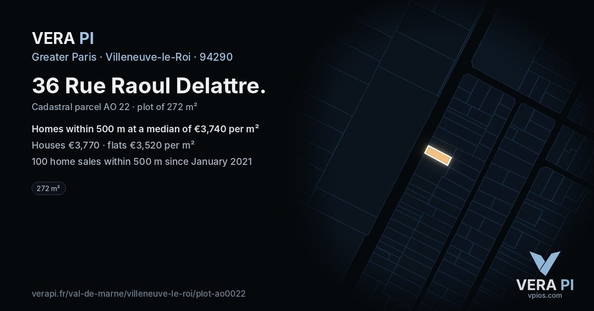 36 Rue Raoul Delattre, Villeneuve-le-Roi at night – the plot lit, the parcels around coloured by the prices near them