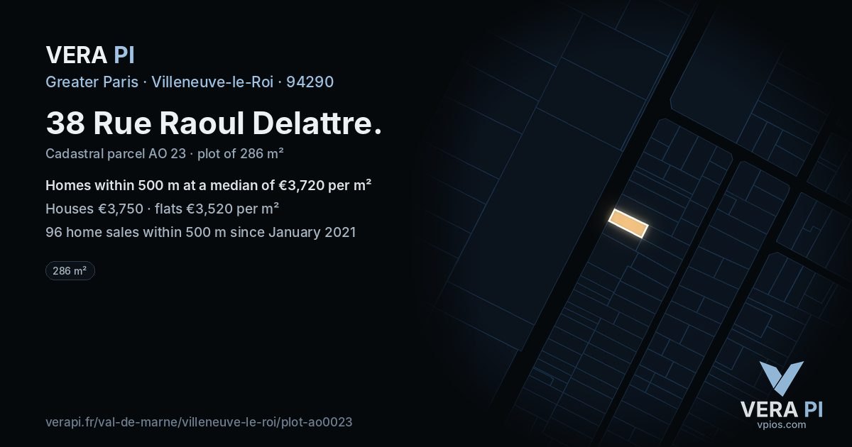 38 Rue Raoul Delattre, Villeneuve-le-Roi at night – the plot lit, the parcels around coloured by the prices near them