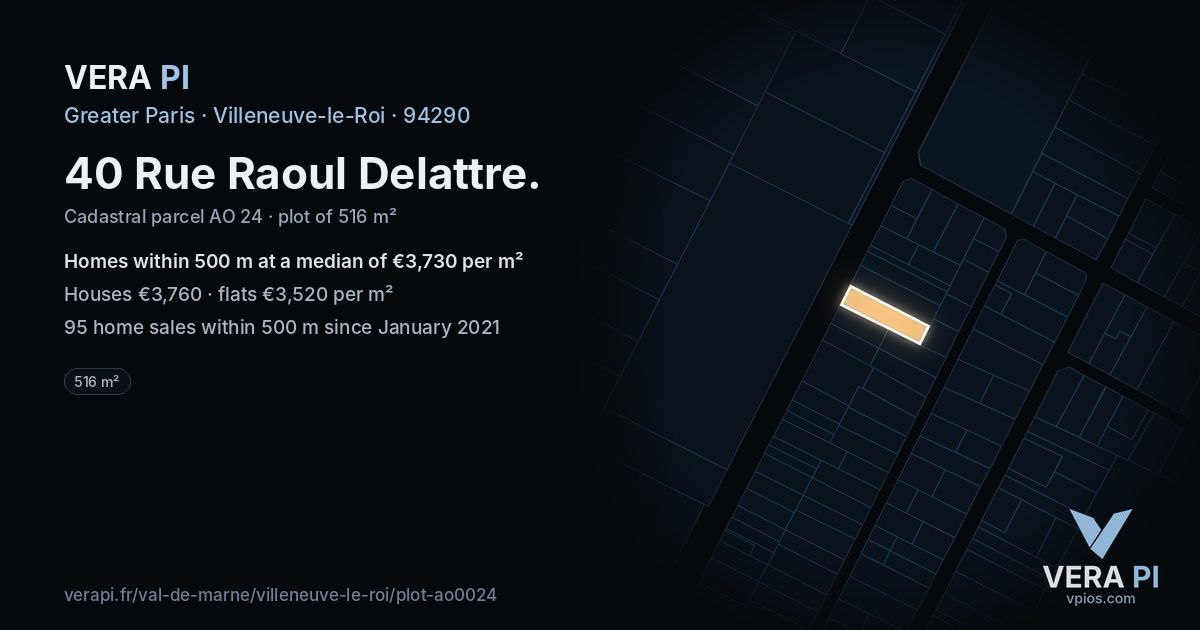 40 Rue Raoul Delattre, Villeneuve-le-Roi at night – the plot lit, the parcels around coloured by the prices near them