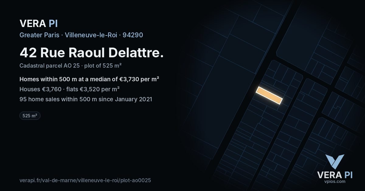 42 Rue Raoul Delattre, Villeneuve-le-Roi at night – the plot lit, the parcels around coloured by the prices near them