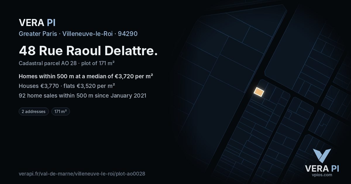 48 Rue Raoul Delattre, Villeneuve-le-Roi at night – the plot lit, the parcels around coloured by the prices near them