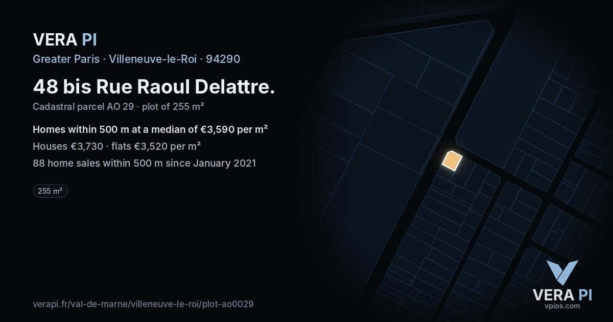 48 bis Rue Raoul Delattre, Villeneuve-le-Roi at night – the plot lit, the parcels around coloured by the prices near them
