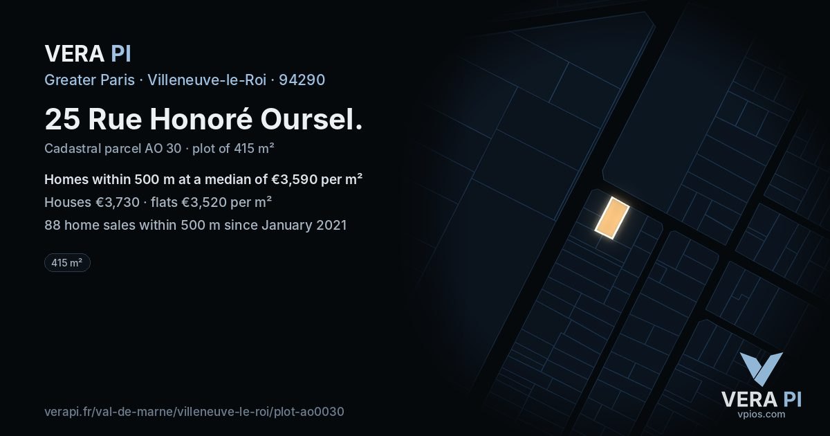 25 Rue Honoré Oursel, Villeneuve-le-Roi at night – the plot lit, the parcels around coloured by the prices near them