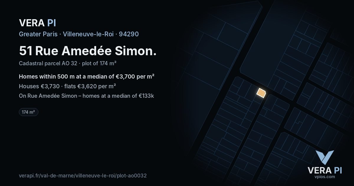 51 Rue Amedée Simon, Villeneuve-le-Roi at night – the plot lit, the parcels around coloured by the prices near them