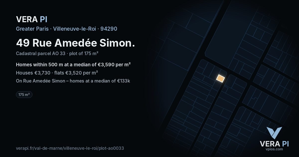49 Rue Amedée Simon, Villeneuve-le-Roi at night – the plot lit, the parcels around coloured by the prices near them