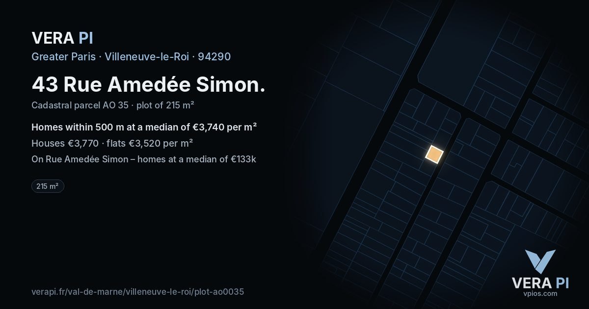43 Rue Amedée Simon, Villeneuve-le-Roi at night – the plot lit, the parcels around coloured by the prices near them