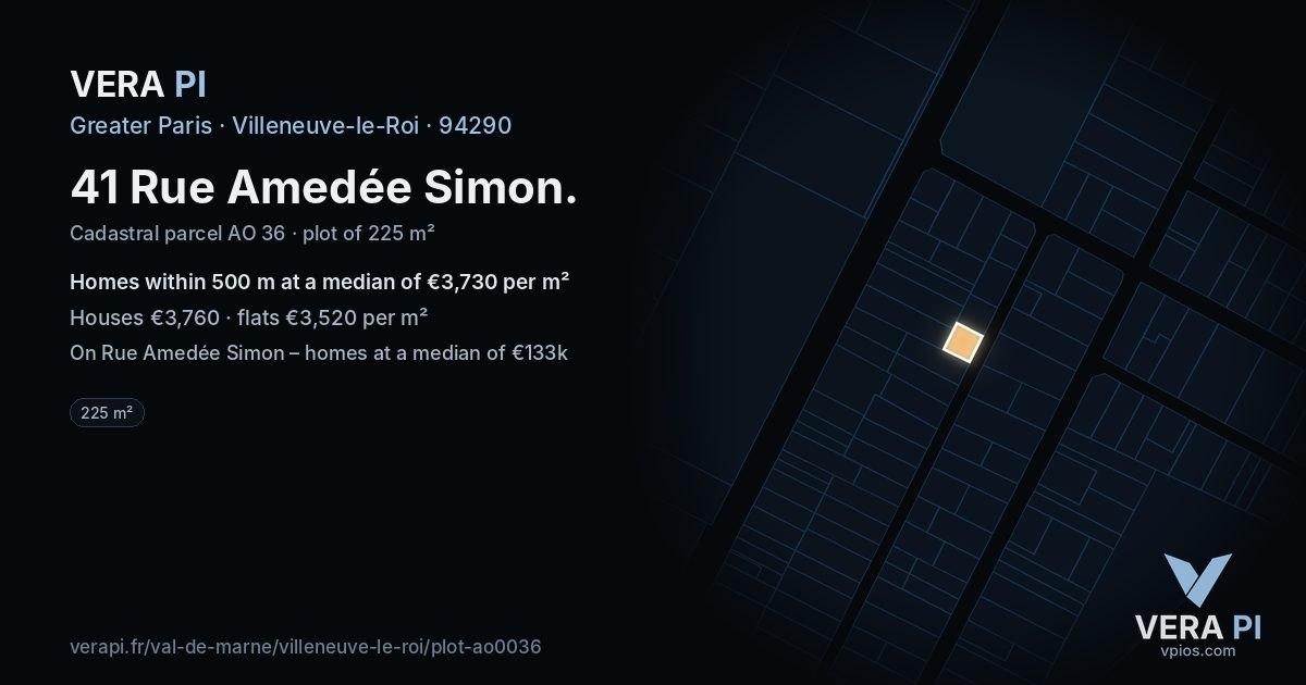 41 Rue Amedée Simon, Villeneuve-le-Roi at night – the plot lit, the parcels around coloured by the prices near them