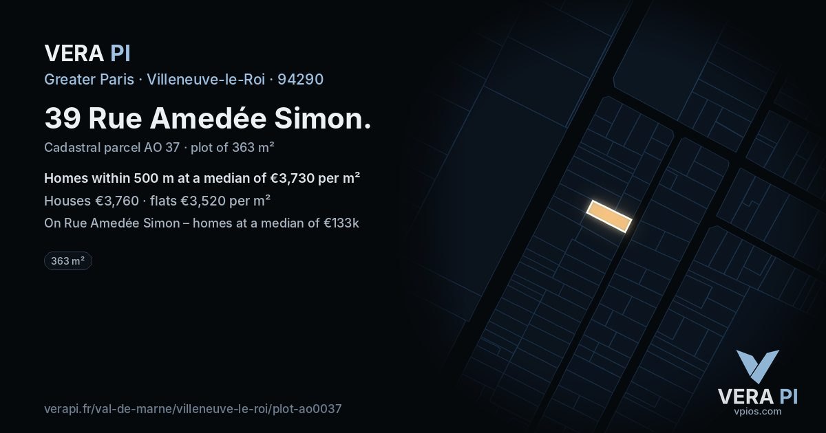 39 Rue Amedée Simon, Villeneuve-le-Roi at night – the plot lit, the parcels around coloured by the prices near them
