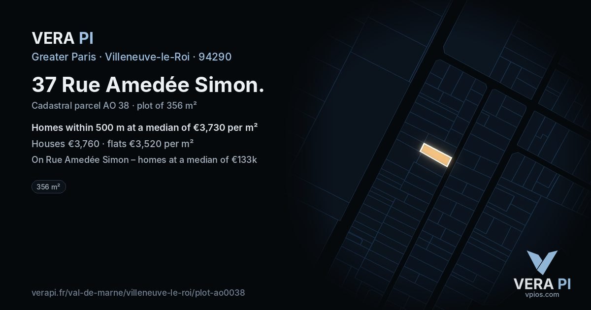 37 Rue Amedée Simon, Villeneuve-le-Roi at night – the plot lit, the parcels around coloured by the prices near them