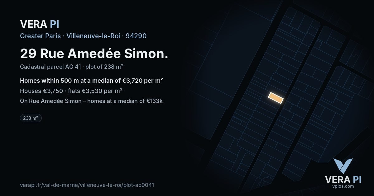 29 Rue Amedée Simon, Villeneuve-le-Roi at night – the plot lit, the parcels around coloured by the prices near them