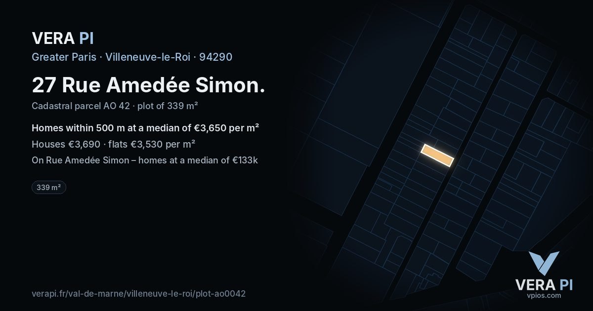 27 Rue Amedée Simon, Villeneuve-le-Roi at night – the plot lit, the parcels around coloured by the prices near them