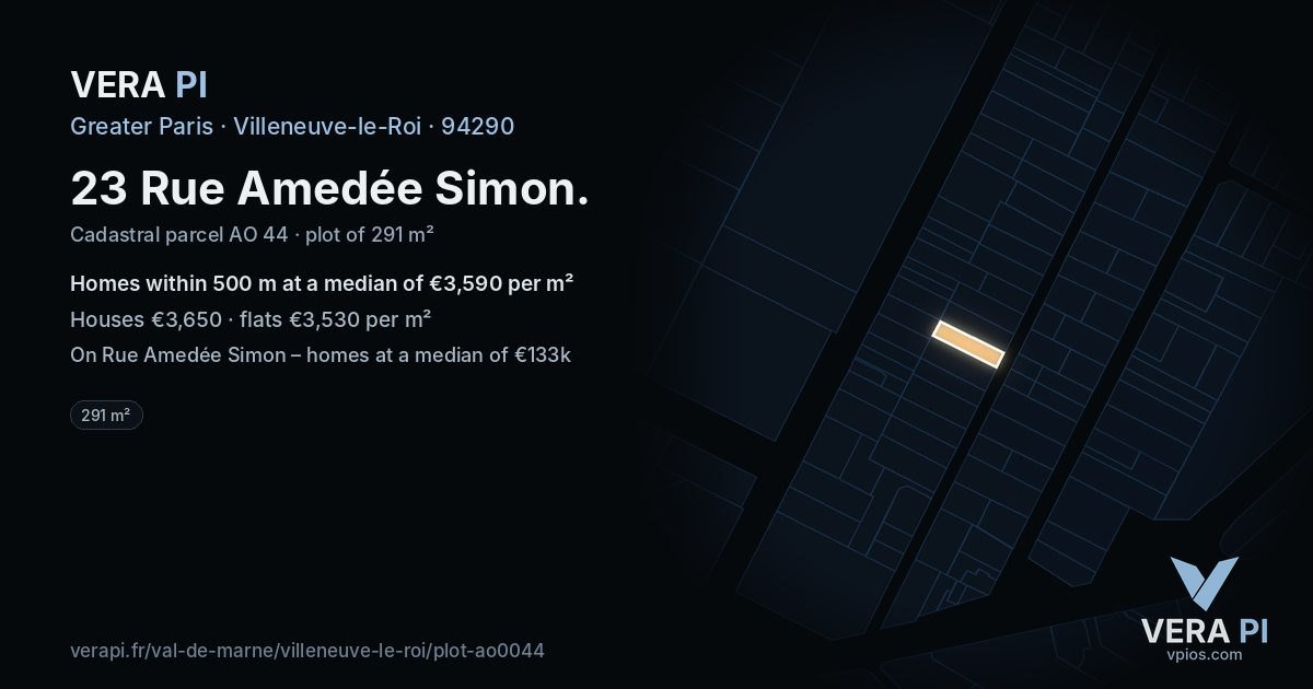 23 Rue Amedée Simon, Villeneuve-le-Roi at night – the plot lit, the parcels around coloured by the prices near them