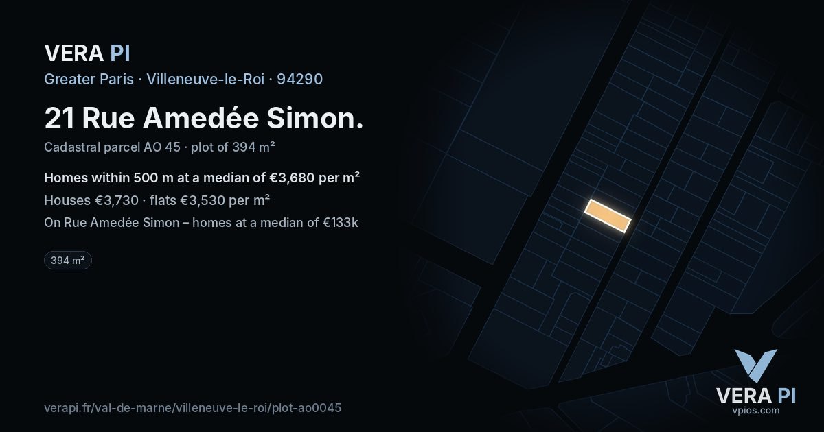 21 Rue Amedée Simon, Villeneuve-le-Roi at night – the plot lit, the parcels around coloured by the prices near them