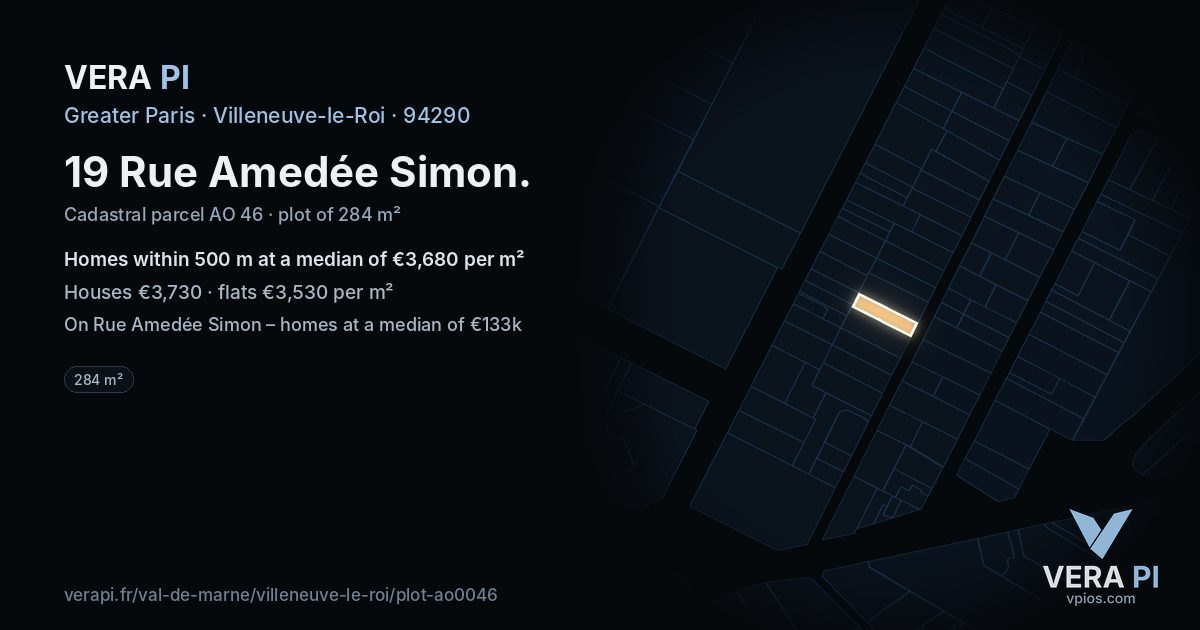 19 Rue Amedée Simon, Villeneuve-le-Roi at night – the plot lit, the parcels around coloured by the prices near them