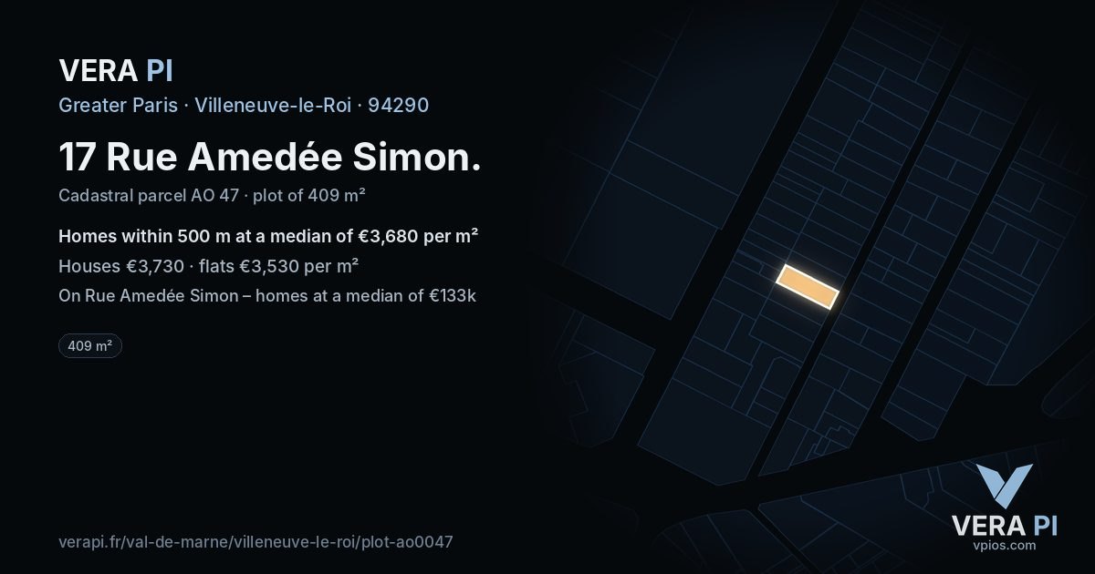 17 Rue Amedée Simon, Villeneuve-le-Roi at night – the plot lit, the parcels around coloured by the prices near them