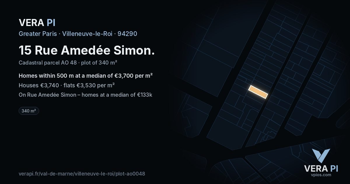 15 Rue Amedée Simon, Villeneuve-le-Roi at night – the plot lit, the parcels around coloured by the prices near them