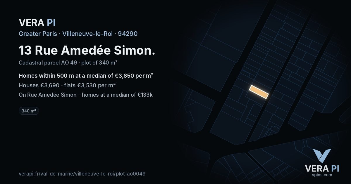 13 Rue Amedée Simon, Villeneuve-le-Roi at night – the plot lit, the parcels around coloured by the prices near them