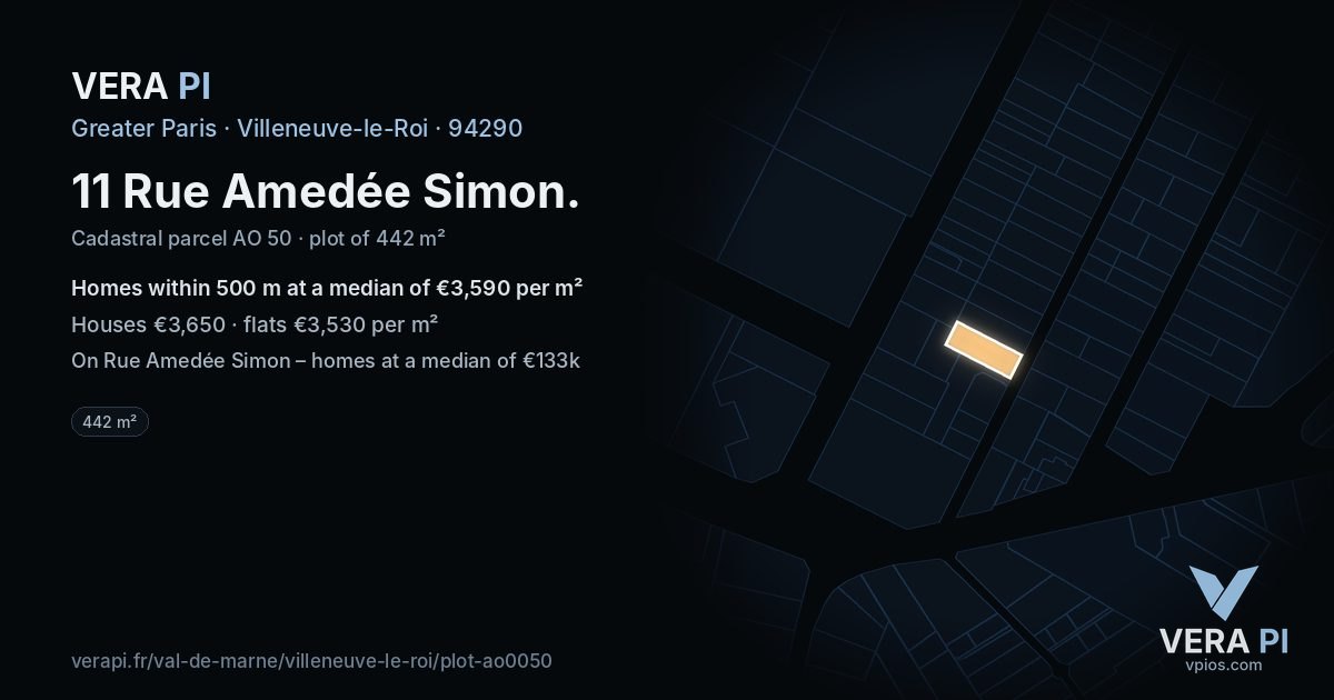 11 Rue Amedée Simon, Villeneuve-le-Roi at night – the plot lit, the parcels around coloured by the prices near them