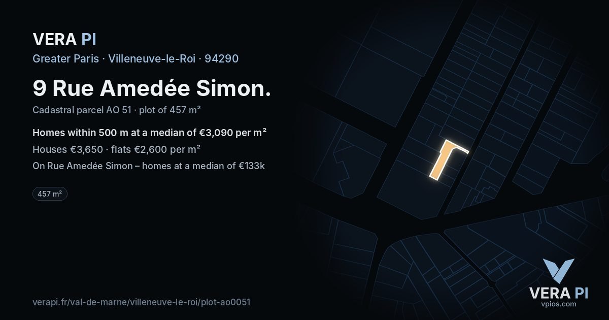 9 Rue Amedée Simon, Villeneuve-le-Roi at night – the plot lit, the parcels around coloured by the prices near them