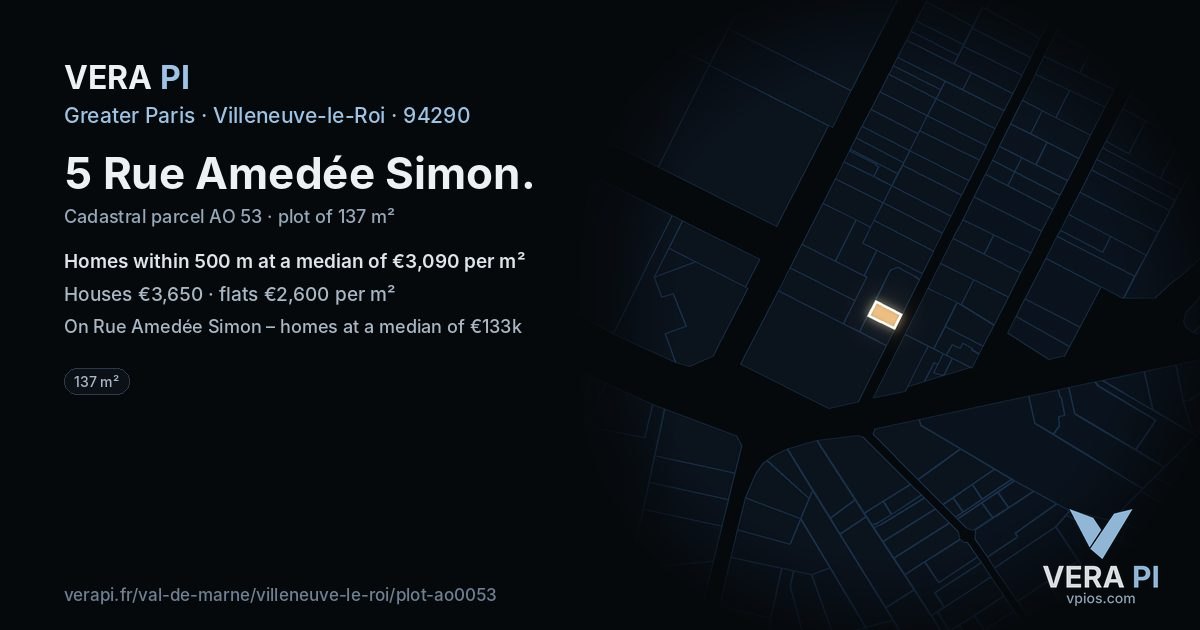 5 Rue Amedée Simon, Villeneuve-le-Roi at night – the plot lit, the parcels around coloured by the prices near them
