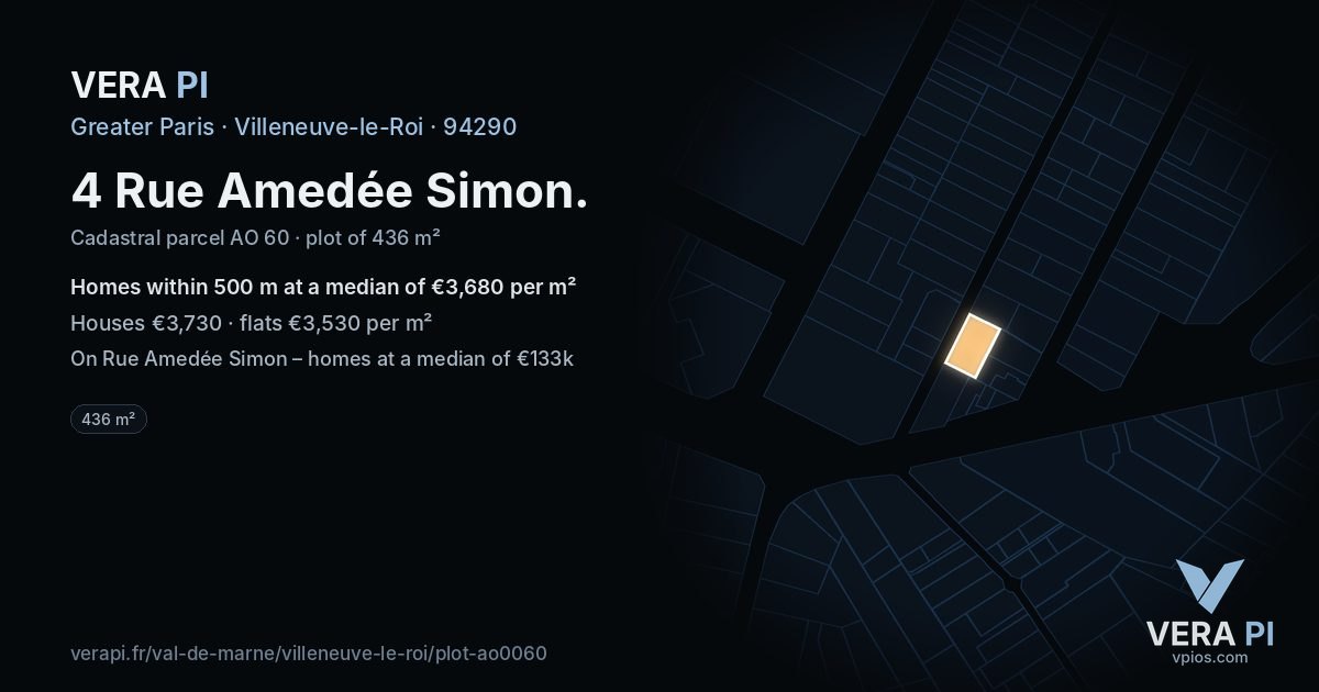 4 Rue Amedée Simon, Villeneuve-le-Roi at night – the plot lit, the parcels around coloured by the prices near them