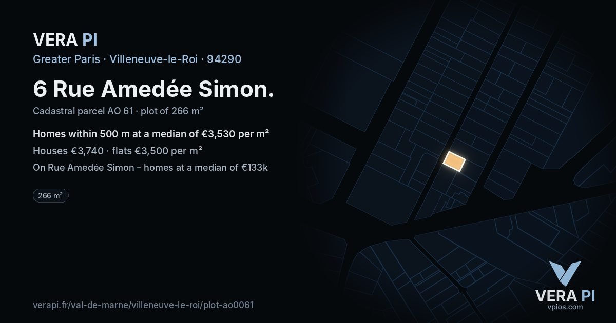 6 Rue Amedée Simon, Villeneuve-le-Roi at night – the plot lit, the parcels around coloured by the prices near them