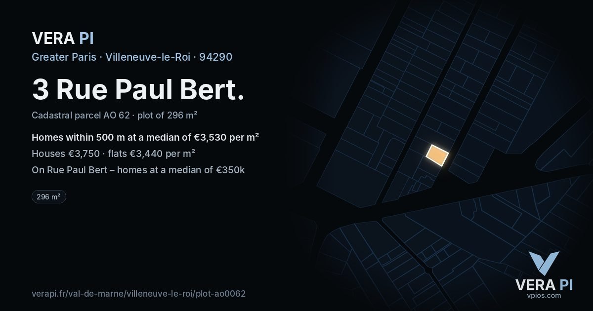 3 Rue Paul Bert, Villeneuve-le-Roi at night – the plot lit, the parcels around coloured by the prices near them