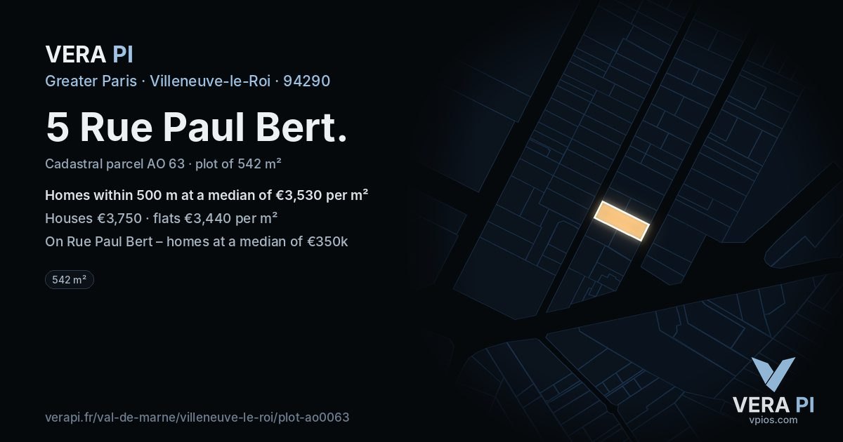 5 Rue Paul Bert, Villeneuve-le-Roi at night – the plot lit, the parcels around coloured by the prices near them